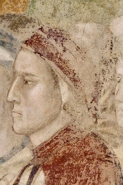 Alleged Dante portrait attributed to Giotto, in the chapel of the Bargello palace, Florence. It was painted c. 1335 and has been restored.
