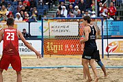 Deutsch: Beachhandball Europameisterschaften 2019 (Beach handball Euro); Tag 6: 7. Juli 2019 – Spiel um Platz Drei, Männer, Ungarn-Russland 2:0 (26:20, 23:22) English: Beach handball Euro; Day 6: 7 July 2019 – Men's Bronze Medal Match – Hungary-Russia 2:0 (26:20, 23:22)