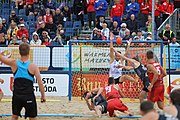 Deutsch: Beachhandball Europameisterschaften 2019 (Beach handball Euro); Tag 6: 7. Juli 2019 – Spiel um Platz Drei, Männer, Ungarn-Russland 2:0 (26:20, 23:22) English: Beach handball Euro; Day 6: 7 July 2019 – Men's Bronze Medal Match – Hungary-Russia 2:0 (26:20, 23:22)