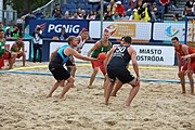 Deutsch: Beachhandball Europameisterschaften 2019 (Beach handball Euro); Tag 6: 7. Juli 2019 – Spiel um Platz Drei, Männer, Ungarn-Russland 2:0 (26:20, 23:22) English: Beach handball Euro; Day 6: 7 July 2019 – Men's Bronze Medal Match – Hungary-Russia 2:0 (26:20, 23:22)