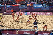 Deutsch: Beachhandball bei den Olympischen Jugendspielen 2018; Tag 3, 10. Oktober 2018; Mädchen, Vorrunde, Gruppe B - Niederlande-Argentinien 2:0 English: Beach handball at the 2018 Summer Youth Olympics at 10 October 2018 – Girls Preliminary Round Group B‎ – Netherlands-Argentina 2:0