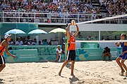 Deutsch: Beachvolleyball bei den Olympischen Jugendspielen 2018; Tag 11, 17. Oktober 2018; Jungen,Finale – Niederlande (Matthew Immers/Yorick de Groot)-Schweden (David Åhman/Jonatan Hellvig) 0:2 (20–22/15–21) English: Beach volleyball at the 2018 Summer Youth Olympics at 17 October 2018 – Final – Netherlands (Matthew Immers/Yorick de Groot)-Sweden (David Åhman/Jonatan Hellvig) 0:2 (20–22/15–21)