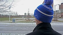 Branded promotional materials such as this hat are given out at events. Bell LetsTalk Hat.jpg