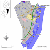 Location of Berkeley Township in Ocean County highlighted in yellow (right). Inset map: Location of Ocean County in New Jersey highlighted in black (left).