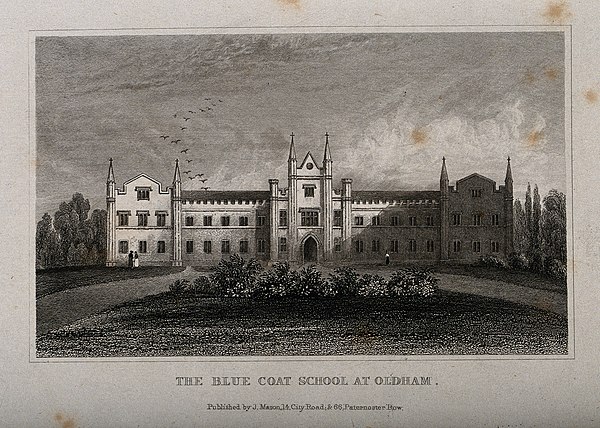 A line engraving of the early Blue Coat School