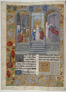 Illustration by the Master of the Flemish Boethius in the copy of Boethius made for Louis de Gruuthuse from which the notname derives Boece, de Consolatione Philosophiae - BNF Neerl1 f12v.jpg