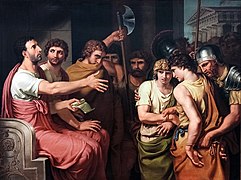 لوکیوس یونیوس بروتوس، نخستین کنسول و بانی جمهوری روم، نام دو پسرش را در نامه‌های توطئه‌گران می‌یابد و فرمان به اعدام آنان می‌دهد. (۱۸۰۰)
