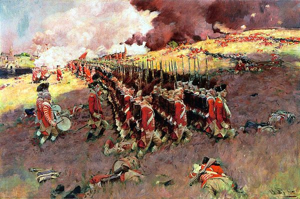 The Battle of Bunker Hill, Howard Pyle, 1897, showing the second British advance up Breed's Hill. This painting's whereabouts are unknown as it was pr