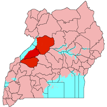 Location of Bunyoro (red) in Uganda (pink)