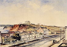 Bytown (now Ottawa) in 1853, showing the future site of the Parliament of Canada on what is now Parliament Hill Bytown in 1853.jpg
