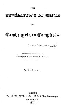Première page de Les Révélations du crime ou Cambray et ses complices, de François-Réal Angers, 1837