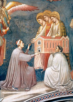 Enrico Scrovegni överlämnar en modell av kapellet åt Jungfru Maria.