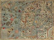 Représentation de la Carta Marina, carte de la Scandinavie du XVIe siècle.