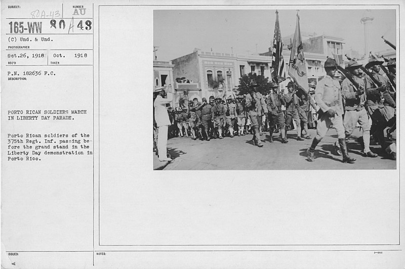 File:Ceremonies - Demobilization - Puerto Rican soldiers march in Liberty Day Parade. Puerto Rican soldiers of the 375th Regt. Inf. Passing before the grand stand in the Liberty Day demonstration in Puerto Rico - NARA - 23922505.jpg