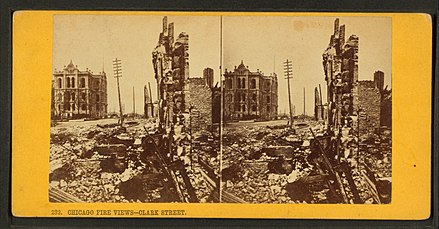 Stereoscopic image of Clark Street after the Great Chicago Fire in 1871