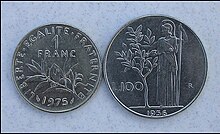 Emblème de l'olivier représenté sur des pièces de 1 franc français et de 100 lires italiennes.