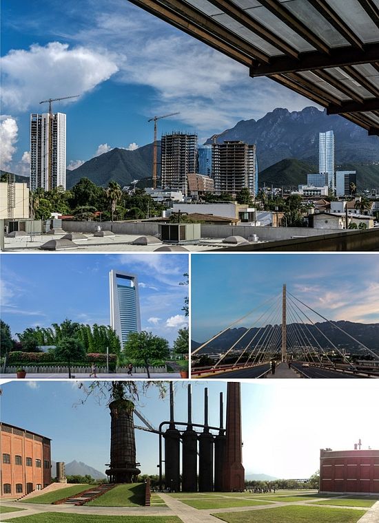 Clockwise: Plaza Lua and Cerro de la Silla (Mount Saddle), Puente Atirantado, Fundidora, Torre de Monterrey