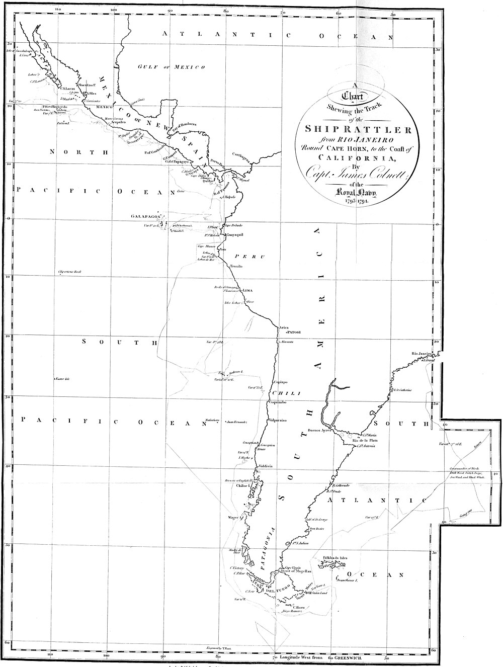 A Chart Shewing the Track of the Ship Rattler from Rio Janeiro Round Cape Horn, to the Coast of California, By Capt. James Colnett of the Royal Navy. 1793-1794.