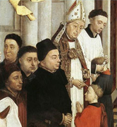 En biskop som administrerar konfirmationen.  Rogier van der Weyden, De sju sakramenten (detalj), ca.  1445.