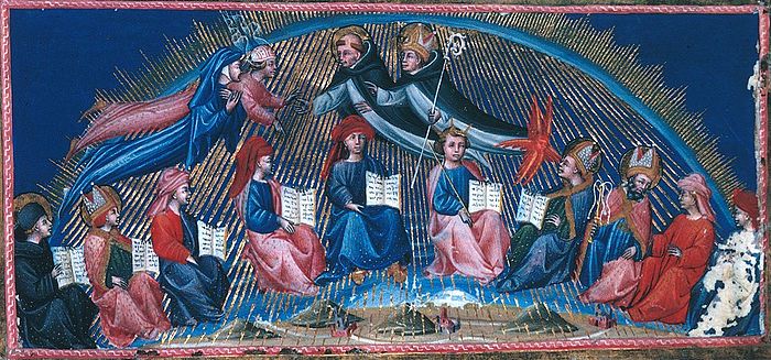 Dante and Beatrice meet twelve wise men in the Sphere of the Sun (miniature by Giovanni di Paolo), Canto 10.