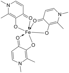 Deferiprone interaction with iron forming deferiprone-iron complex.