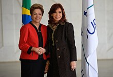 President Dilma Rousseff of Brazil and President Christina Kirchner of Argentina in 2015. Dilma Rousseff and Cristina Kirchner at 48th Mercosur Summit (2).jpg