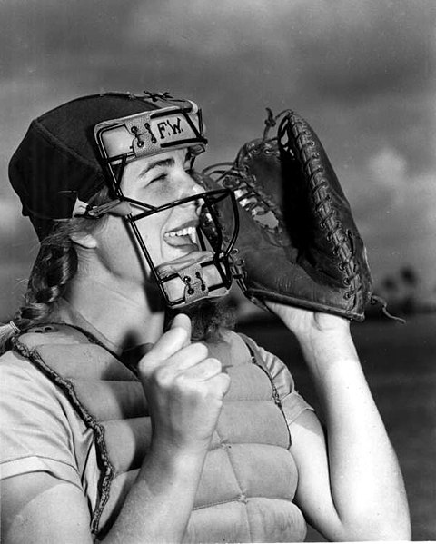 File:Dottie Schroeder, catcher, shouting play ball behind mask.jpg