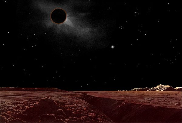 A painting by Lucien Rudaux showing how a solar eclipse might appear when viewed from the lunar surface. The Moon's surface appears red because the on