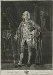A full-length monochrome portrait of an elderly man, wearing 18th-century dress, and a long wig