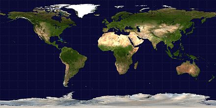 An equirectangular projection of the Earth; the standard parallel is the equator.