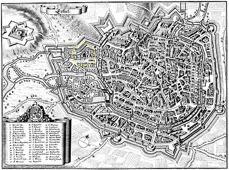 Erfurt 1650 (Merian) mit Markierung Zisterzienserinnenkloster St. Martin