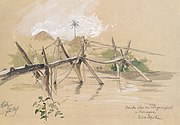 Ξύλινη γέφυρα πάνω από τον ποταμό Πανγκάνι, Κορόγκουε (σε μολύβι και υδατογραφία του 1898).