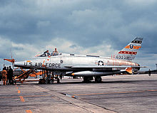 F-100D of the 417th TFS, 50th TFW post January 1965 ("buzz number" painted over) F 100d 56 3238 50tfw wc 1958.jpg