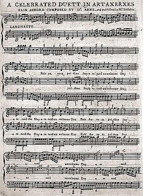 Piano-vocal score for "Fair Aurora, pr'ythee stay" (p. 1), published in Philadelphia in 1796 Fair Aurora by Thomas Arne piano vocal score published 1796.jpg