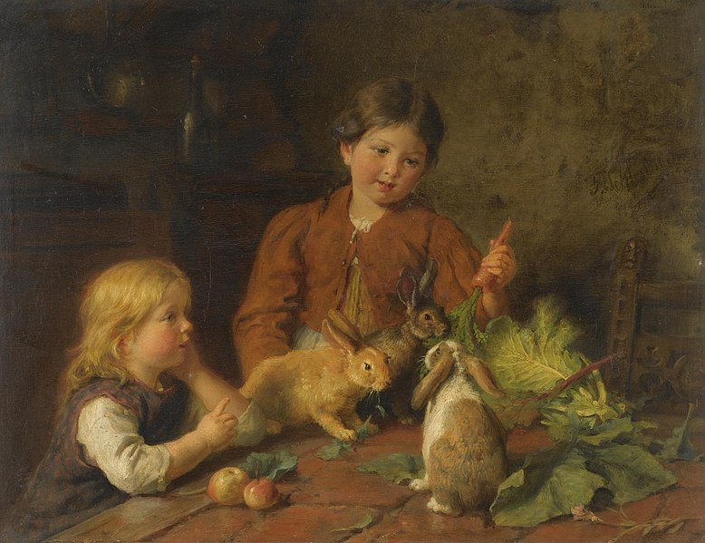 File:Felix Schlesinger - Zwei Mädchen füttern Kaninchen.jpg