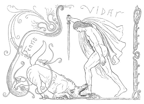 A depiction of Víðarr defeating Fenrir by Lorenz Frølich, 1895