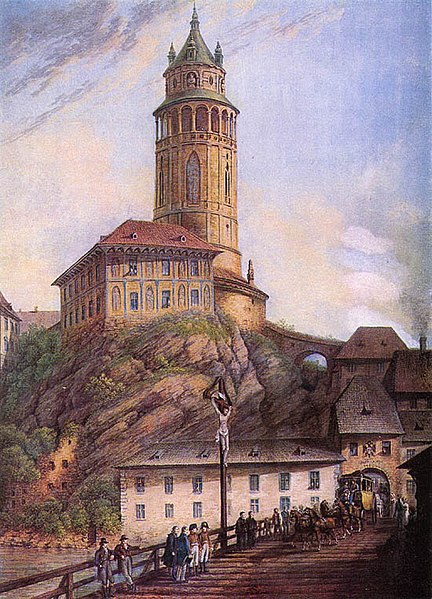 File:Ferdinand Runk - zámek Český Krumlov s Lazebnickým mostem a zámeckou věží, kvaš, počátek 19. století.jpg