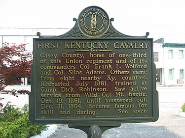 Historical marker to the regiment in Liberty First Kentucky Cavalry historical marker, side 1.jpg