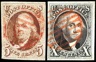 Benjamin Franklin -- George Washington The First U.S. Postage Stamps, issued 1847. The first stamp issues were authorized by an act of Congress and approved on March 3, 1847. The earliest known use of the Franklin 5C/ is July 7, 1847, while the earliest known use of the Washington 10C/ is July 2, 1847. Remaining in postal circulation for only a few years, these issues were declared invalid for postage on July 1, 1851. First US Postage stamps of 1847.tiff