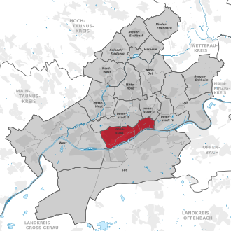 Carte situant l'arrondissement (en rouge) au sein du reste de la ville (en gris)