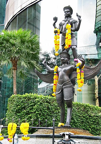 A statue in Bangkok depicting Vishnu on his vahana Garuda, the eagle. One of the oldest discovered Hindu-style statues of Vishnu in Thailand is from Wat Sala Tung in Surat Thani Province and has been dated to ~400 CE.[143]