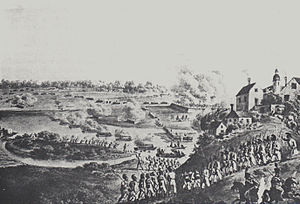 Battle near Rheinweiler: The French army (D; E; F) tries to cross over to Rheinweiler (K) and is prevented from doing so by the Austrian army (G; H; J)