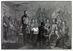 George G. Meade and the Council of War at Gettysburg on July 2, 1863, depicted in an nngraving by James E. Kelly Gettysburg Council of War.jpg