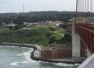 The fort from the Golden Gate Bridge deck Golden Gate Bridge deck - Fort Point 01.jpg