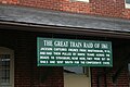 The Great Train Raid of 1861 sign at the Strasburg, Virginia historic train depot where between 14 and 19 locomotives were brought to over the Valley Pike from Martinsburg, West Virginia and Winchester, Virginia