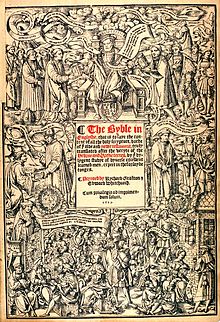 A page from a book showing an illustration of Henry VIII giving out copies of a book to ordinary people, who are saying "Vivat Rex" (Long Live the King)