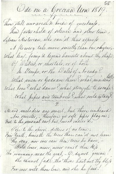 First known copy of John Keats' Ode on a Grecian Urn, transcribed by George Keats this year