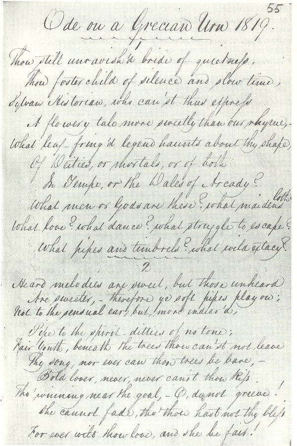 First known copy of John Keats' Ode on a Grecian Urn, transcribed by George Keats this year