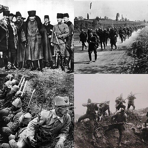 Clockwise from top left: Mustafa Kemal at the end of the First Battle of İnönü; Greek soldiers retreat during the last stages; Greek infantry charge i