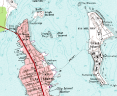 Kort fra 1966 der viser øens placering øst for City Island